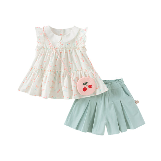 Dave&Bella Toddler Girls Summer Cotton Cherry Print T-shirt Short Pant Set(wallet bag)