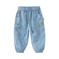 Dave&Bella Toddler Boys Summer Denim Blue Loose Adjustable-waistband Jeans