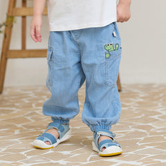 Dave&Bella Toddler Boys Summer Denim Blue Loose Adjustable-waistband Jeans
