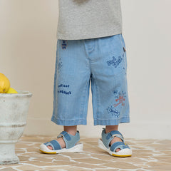 Dave&Bella Toddler Boys Summer Casual Denim Blue Adjustable-waistband Wide Pants