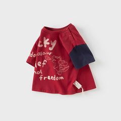 Dave&Bella Toddler Boys Summer Playful Red/Beige Breathable Cotton T-shirt Tops