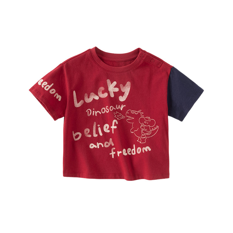 Dave&Bella Toddler Boys Summer Playful Red/Beige Breathable Cotton T-shirt Tops