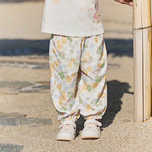 Dave&Bella Toddler Girls Summer Beige Floral Print Loose Mosquito Proof Pants