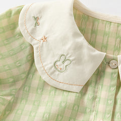 Dave&Bella Toddler Girls Summer Cotton Green Plaid Bubble Sleeve Dress (wallet bag)