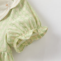Dave&Bella Toddler Girls Summer Cotton Green Plaid Bubble Sleeve Dress (wallet bag)