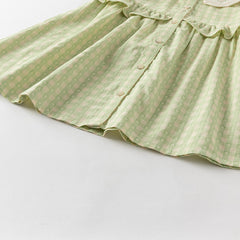 Dave&Bella Toddler Girls Summer Cotton Green Plaid Bubble Sleeve Dress (wallet bag)