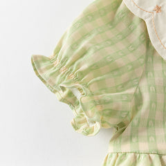 Dave&Bella Toddler Girls Summer Cotton Green Plaid Bubble Sleeve Dress (wallet bag)