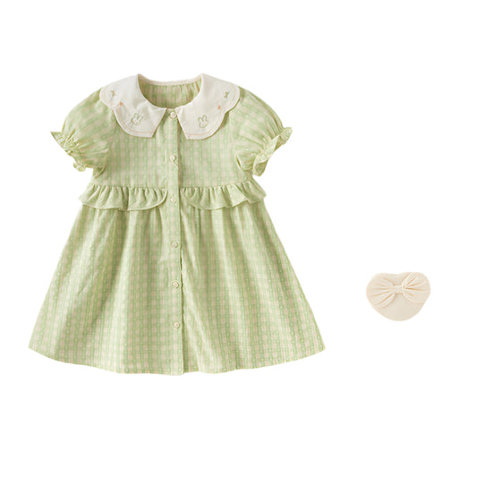 Dave&Bella Toddler Girls Summer Cotton Green Plaid Bubble Sleeve Dress (wallet bag)