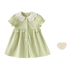 Dave&Bella Toddler Girls Summer Cotton Green Plaid Bubble Sleeve Dress (wallet bag)