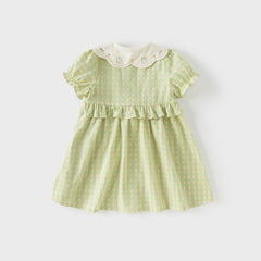 Dave&Bella Toddler Girls Summer Cotton Green Plaid Bubble Sleeve Dress (wallet bag)