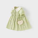 Dave&Bella Toddler Girls Summer Cotton Green Plaid Bubble Sleeve Dress (wallet bag)