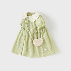 Dave&Bella Toddler Girls Summer Cotton Green Plaid Bubble Sleeve Dress (wallet bag)