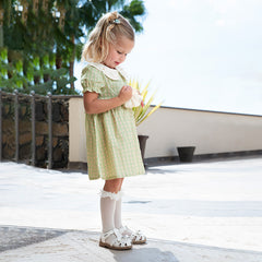 Dave&Bella Toddler Girls Summer Cotton Green Plaid Bubble Sleeve Dress (wallet bag)