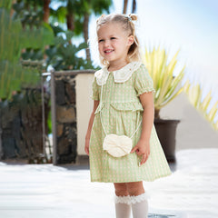 Dave&Bella Toddler Girls Summer Cotton Green Plaid Bubble Sleeve Dress (wallet bag)