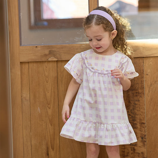 Dave&Bella Girls Summer Cute Cotton Purple Plaid A-line Dress