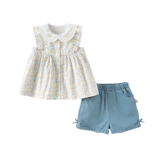 Dave&Bella Girls Summer Floral Print Top Jeans Short Set