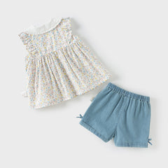 Dave&Bella Girls Summer Floral Print Top Jeans Short Set