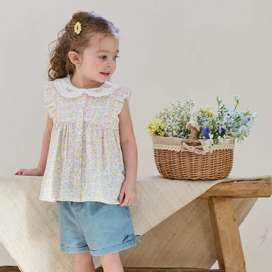 Dave&Bella Girls Summer Floral Print Top Jeans Short Set