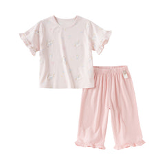 Dave&Bella Kids Girls Summer Sweet Pink Print Round Collar Soft Indoor Pajamas