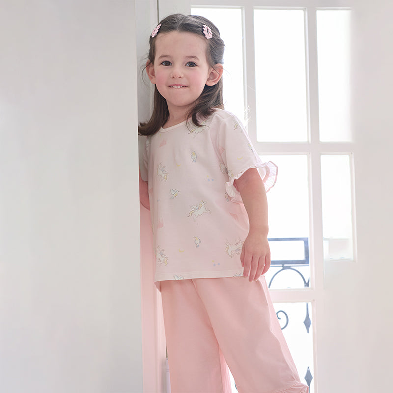 Dave&Bella Kids Girls Summer Sweet Pink Print Round Collar Soft Indoor Pajamas