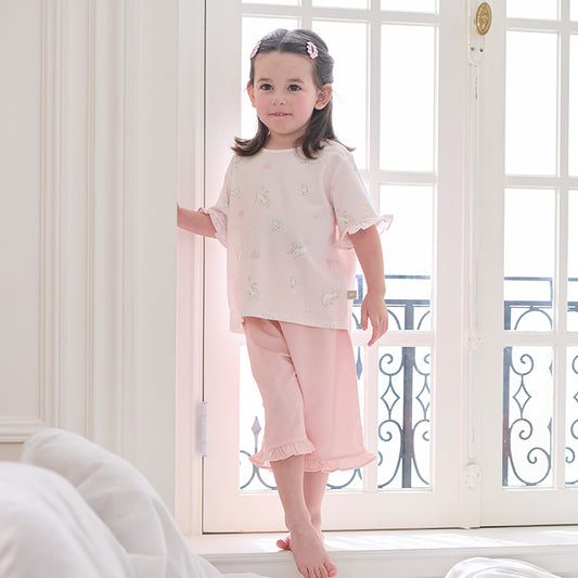 Dave&Bella Kids Girls Summer Sweet Pink Print Round Collar Soft Indoor Pajamas