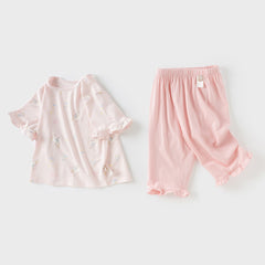 Dave&Bella Kids Girls Summer Sweet Pink Print Round Collar Soft Indoor Pajamas