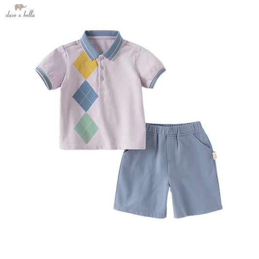 Dave&Bella Boys Summer Cotton Formal Grey Purple Polo T-shirt Short Pant Set