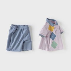 Dave&Bella Boys Summer Cotton Formal Grey Purple Polo T-shirt Short Pant Set