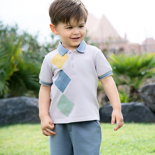 Dave&Bella Boys Summer Cotton Formal Grey Purple Polo T-shirt Short Pant Set