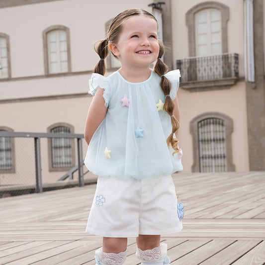 Dave&Bella Girls Summer Blue Mesh Star Flutter Sleeve T-shirt Top
