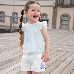 Dave&Bella Girls Summer Blue Mesh Star Flutter Sleeve T-shirt Top