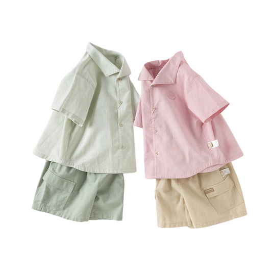 Dave&Bella Boys Summer Solid Color Linen Shirt Short Pant Set