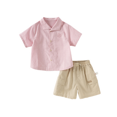 Dave&Bella Boys Summer Solid Color Linen Shirt Short Pant Set