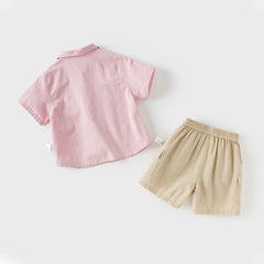 Dave&Bella Boys Summer Solid Color Linen Shirt Short Pant Set