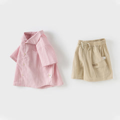 Dave&Bella Boys Summer Solid Color Linen Shirt Short Pant Set