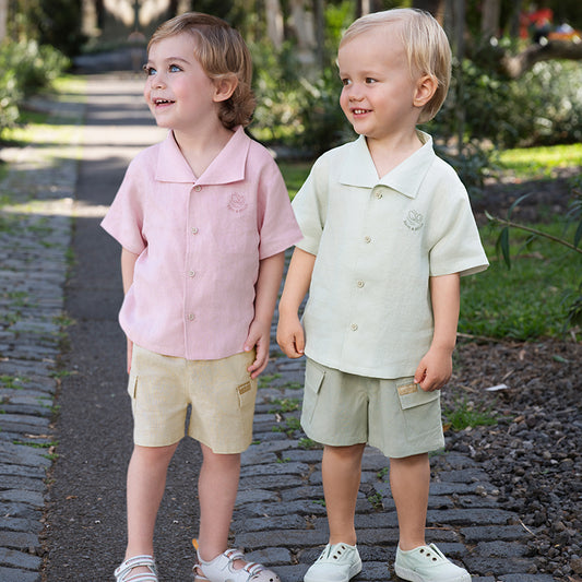 Dave&Bella Boys Summer Solid Color Linen Shirt Short Pant Set