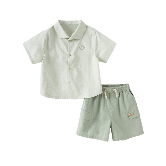Dave&Bella Boys Summer Solid Color Linen Shirt Short Pant Set