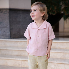 Dave&Bella Boys Summer Solid Color Linen Shirt Short Pant Set