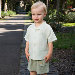 Dave&Bella Boys Summer Solid Color Linen Shirt Short Pant Set