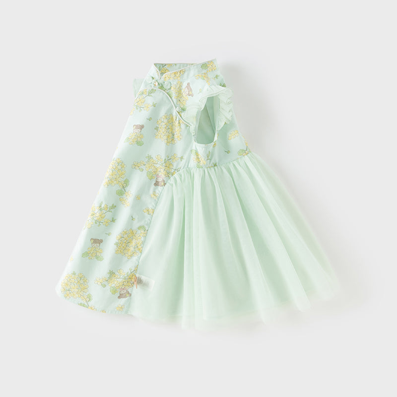 Dave&Bella Toddler Girls Summer Green Floral Chinese-style Breathable A-line Mesh Dress