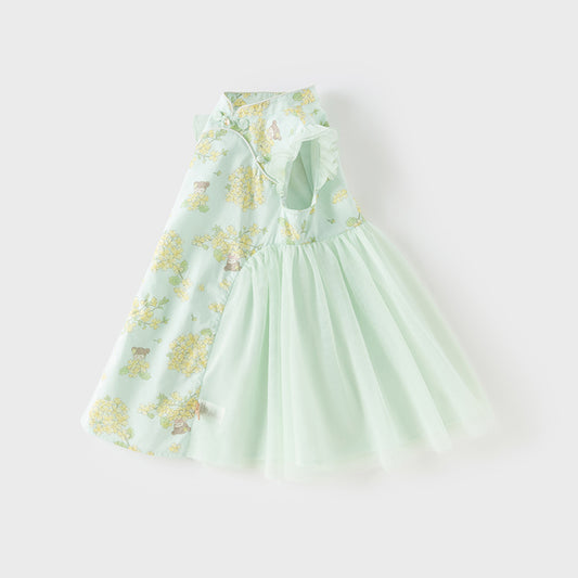Dave&Bella Toddler Girls Summer Green Floral Chinese-style Breathable A-line Mesh Dress