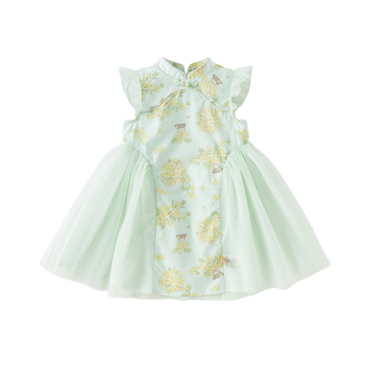 Dave&Bella Toddler Girls Summer Green Floral Chinese-style Breathable A-line Mesh Dress