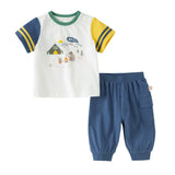 Dave&Bella Toddler Boys Summer Casual Blue Short Sleeve Cotton Comfortable Outfit Sets