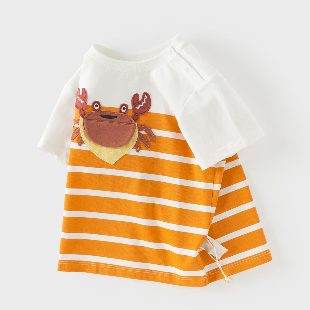 Dave&Bella Summer Toddler Boys Yellow White Striped Cute Crab Print Cotton Soft T-Shirt