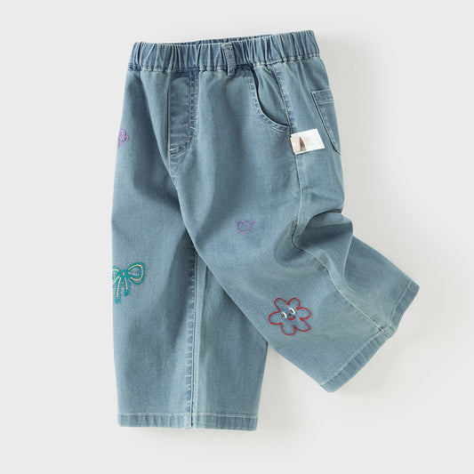 Dave&Bella Toddler Girls Summer Stylish Denim Blue Straight-leg Wide Lightweight Jeans