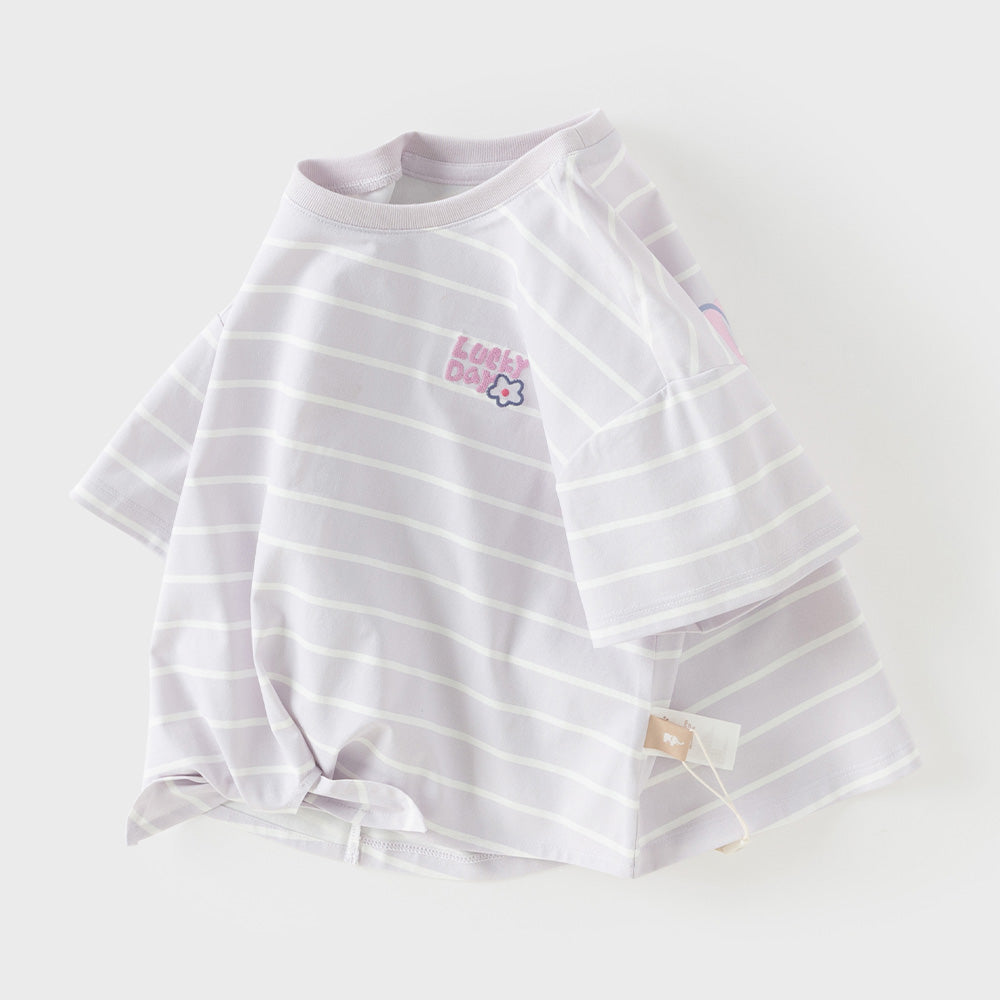 Dave&Bella Toddler Girls Summer Purple Striped Design Print Soft Stretchable T-shirts
