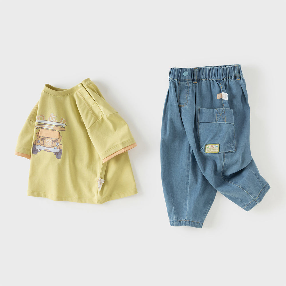 Dave&Bella Toddler Boys Summer Casual Green Car Print Top Pant Suits