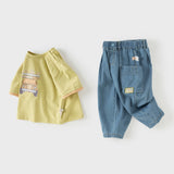 Dave&Bella Toddler Boys Summer Casual Green Car Print Top Pant Suits