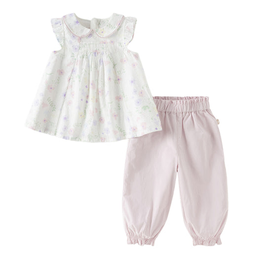 Dave&Bella Toddler Girls Summer Purple Pink Floral Print Comfortable Cotton Top Pant Suits
