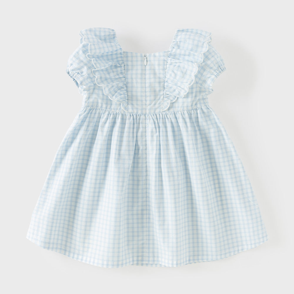 Dave&Bella Summer Toddler Girls Blue Plaid Flower Embroidery Elegant Party A-Line Dress